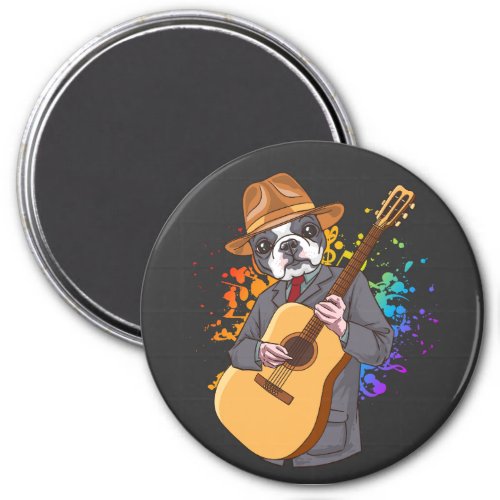 Boston Terrier Playing Acoustic Guitar Circle Magnet