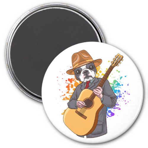 Boston Terrier Playing Acoustic Guitar Circle Magnet