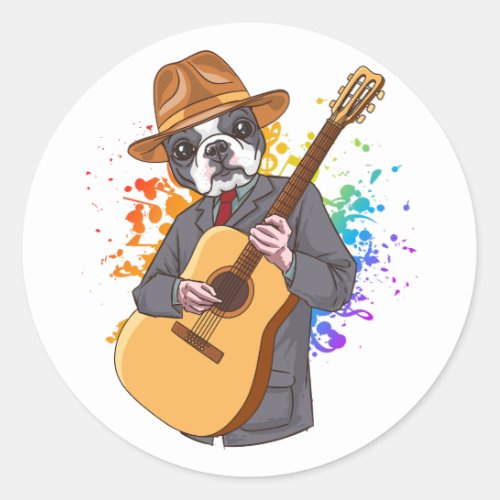 Boston Terrier Playing Acoustic Guitar Classic Round Sticker