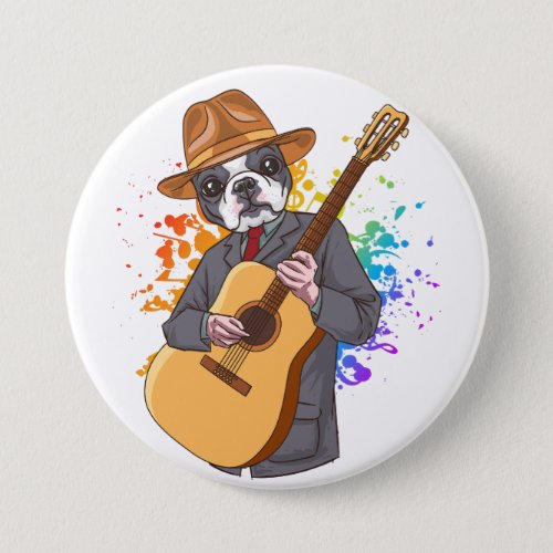 Boston Terrier Playing Acoustic Guitar Round Button