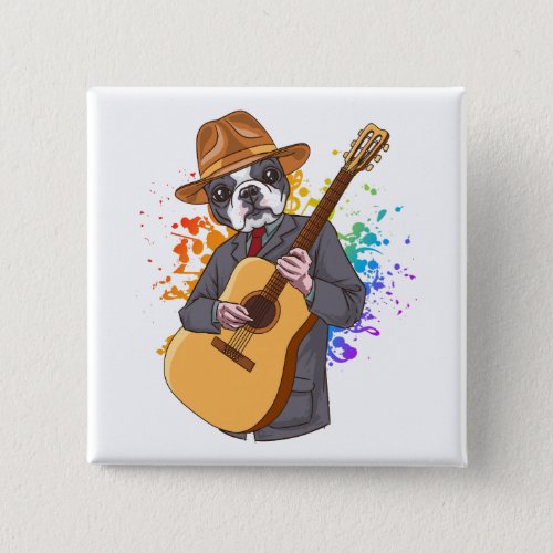 Boston Terrier Playing Acoustic Guitar Square Button