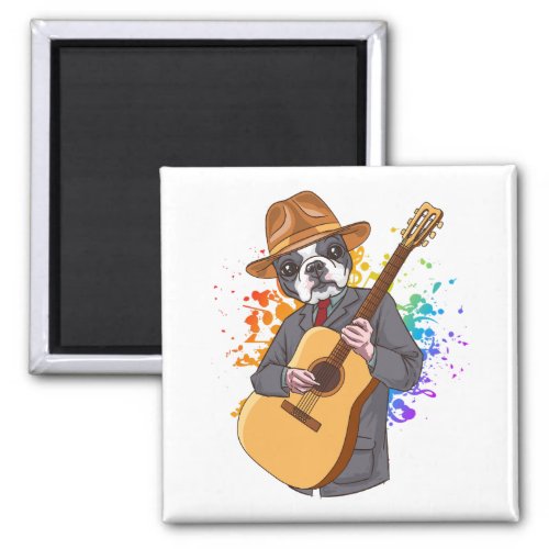 Boston Terrier Playing Acoustic Guitar Square Magnet