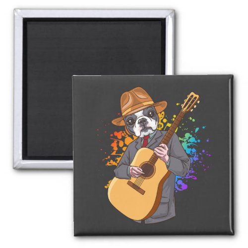 Boston Terrier Playing Acoustic Guitar Square Magnet