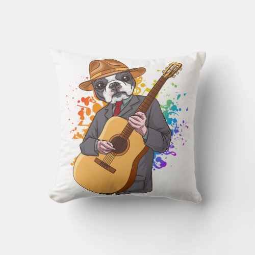 Boston Terrier Playing Acoustic Guitar Throw Pillow
