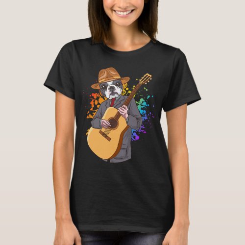 Boston Terrier Playing Acoustic Guitar Women T_Shirt