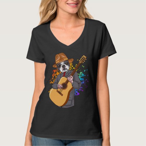 Boston Terrier Playing Acoustic Guitar Women V_Nec T_Shirt