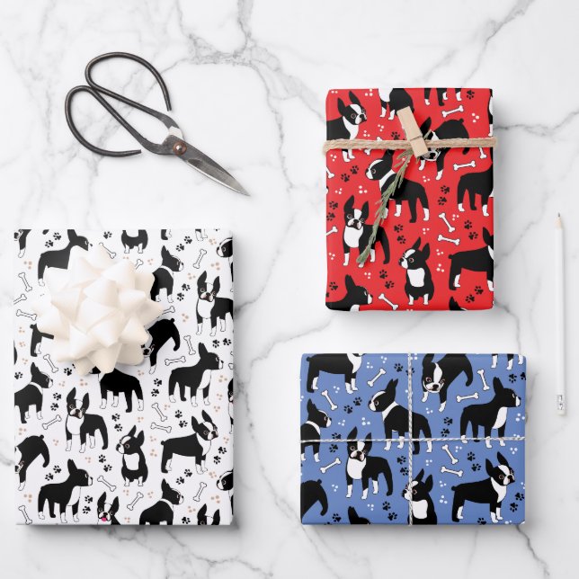 Boston Terrier Playtime Cute Dogs Wrapping Paper Sheets (Front)