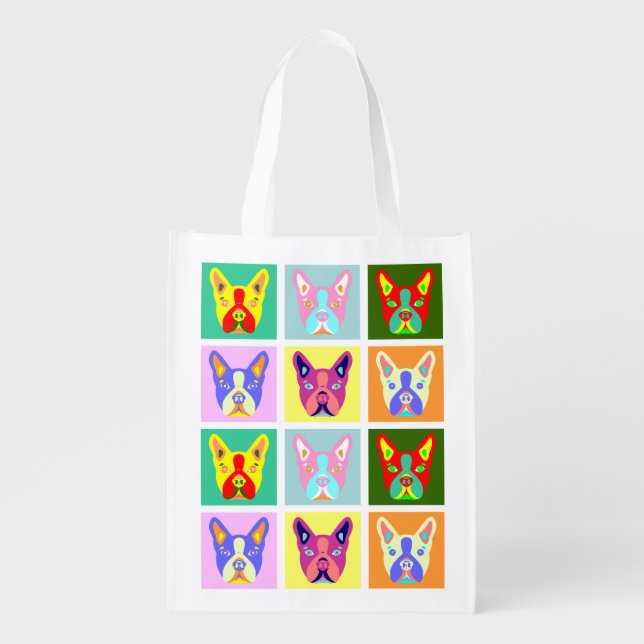 Boston Terrier Pop Art Reusable Grocery Bag (Front)