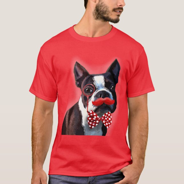 Boston Terrier Portrait with Red Bow Tie and 2 T-Shirt (Front)