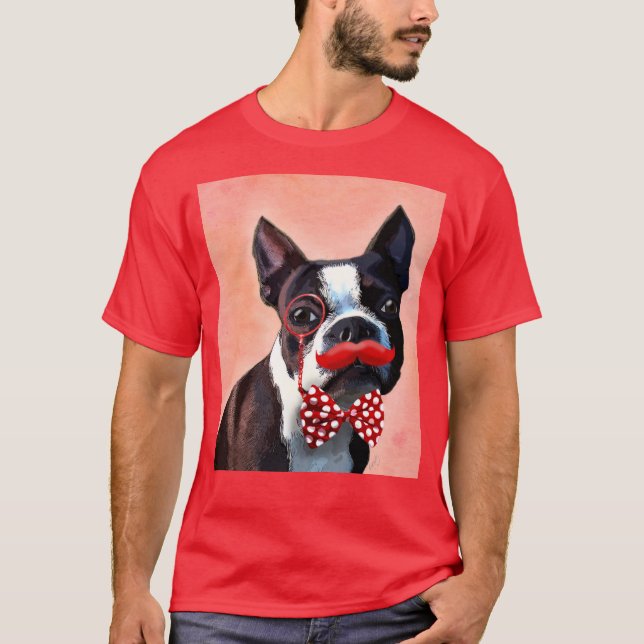 Boston Terrier Portrait with Red Bow Tie and 3 T-Shirt (Front)