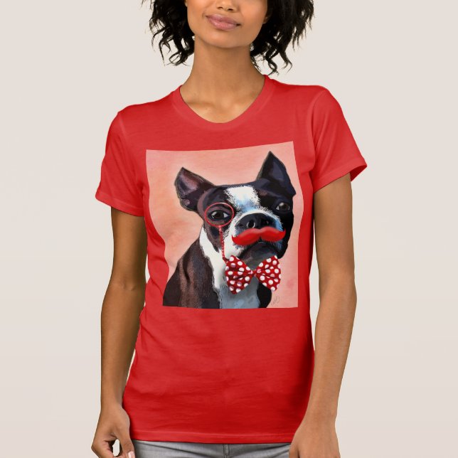 Boston Terrier Portrait with Red Bow Tie and 3 T-Shirt (Front)