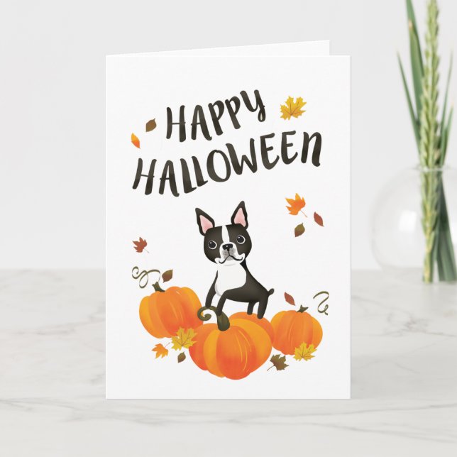 Boston Terrier Pumpkin Fall Leaves Halloween Card (Front)