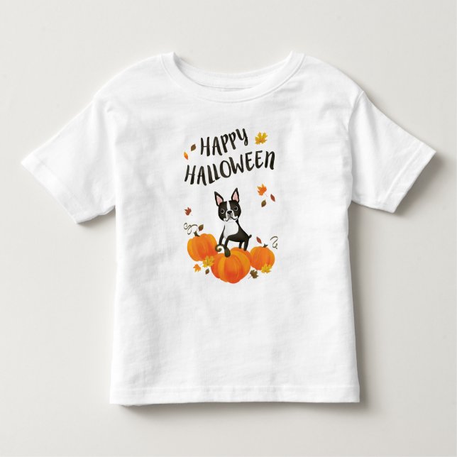 Boston Terrier Pumpkin Fall Leaves Halloween Shirt (Front)