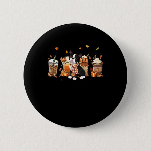 Boston Terrier Pumpkin Spice Latte Iced Autumn Dog Button (Front)