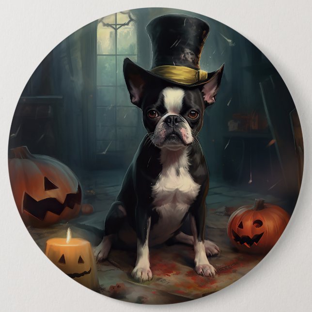 Boston Terrier Pumpkins Halloween Scary Button (Front)