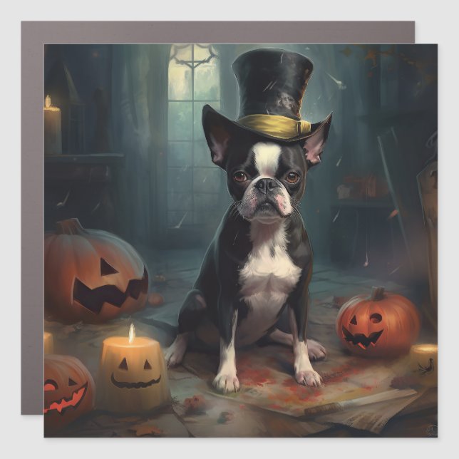 Boston Terrier Pumpkins Halloween Scary Car Magnet (Front)