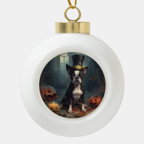Boston Terrier Pumpkins Halloween Scary Ceramic Ball Christmas Ornament