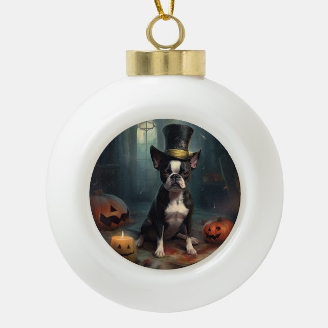 Boston Terrier Pumpkins Halloween Scary Ceramic Ball Christmas Ornament (Front)