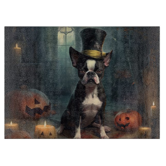 Boston Terrier Pumpkins Halloween Scary Cutting Board (Front)