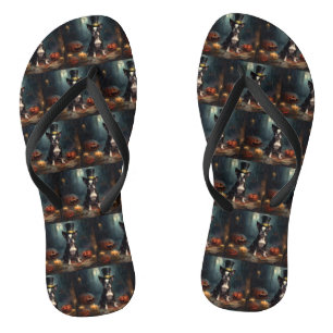 Boston Terrier Pumpkins Halloween Scary Flip Flops