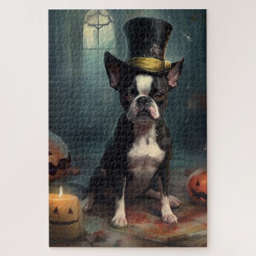 Boston Terrier Pumpkins Halloween Scary Jigsaw Puzzle