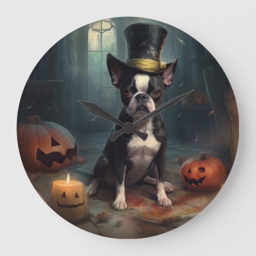 Boston Terrier Pumpkins Halloween Scary Large Clock