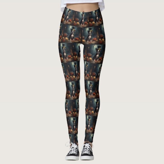 Boston Terrier Pumpkins Halloween Scary Leggings (Front)