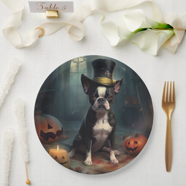 Boston Terrier Pumpkins Halloween Scary Paper Plates (Wedding)