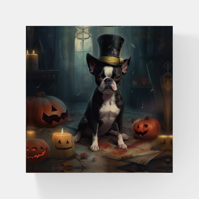 Boston Terrier Pumpkins Halloween Scary Paperweight (Front)