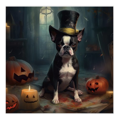 Boston Terrier Pumpkins Halloween Scary Poster