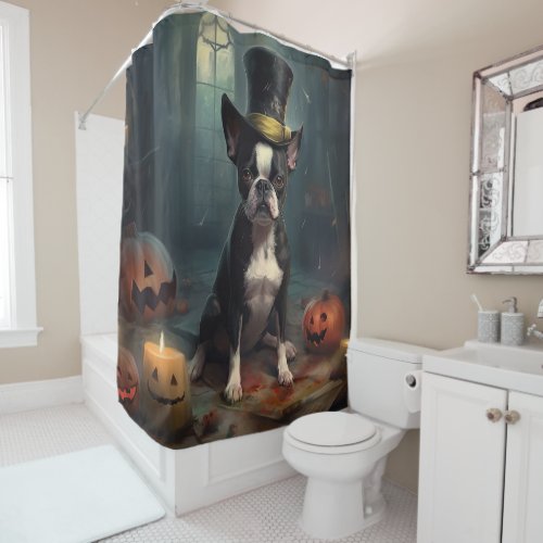 Boston Terrier Pumpkins Halloween Scary Shower Curtain