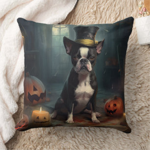 Boston Terrier Pumpkins Halloween Scary Throw Pillow