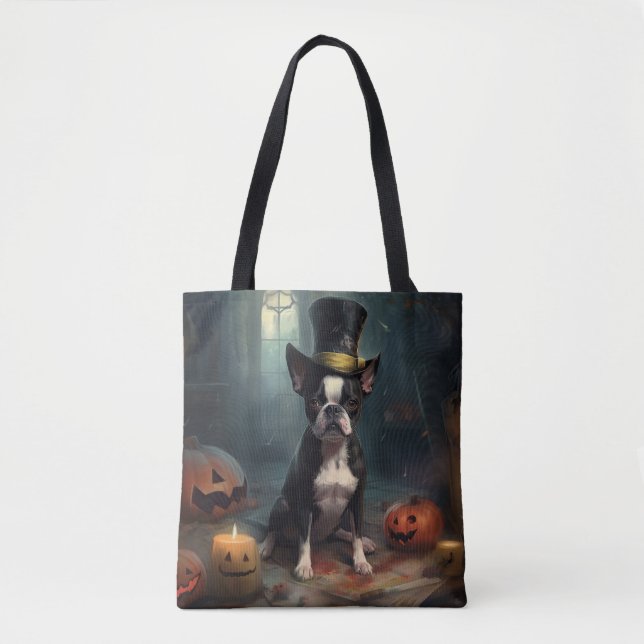 Boston Terrier Pumpkins Halloween Scary Tote Bag (Front)