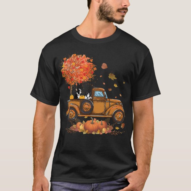 Boston Terrier Pumpkins Truck Autumn Leaf Fall ani T-Shirt (Front)