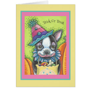 BOSTON TERRIER PUP, HALLOWEEN CLOWN DOG CARD Verse