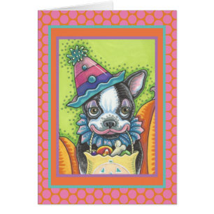 BOSTON TERRIER PUP, HALLOWEEN CLOWN DOG CARD Verse