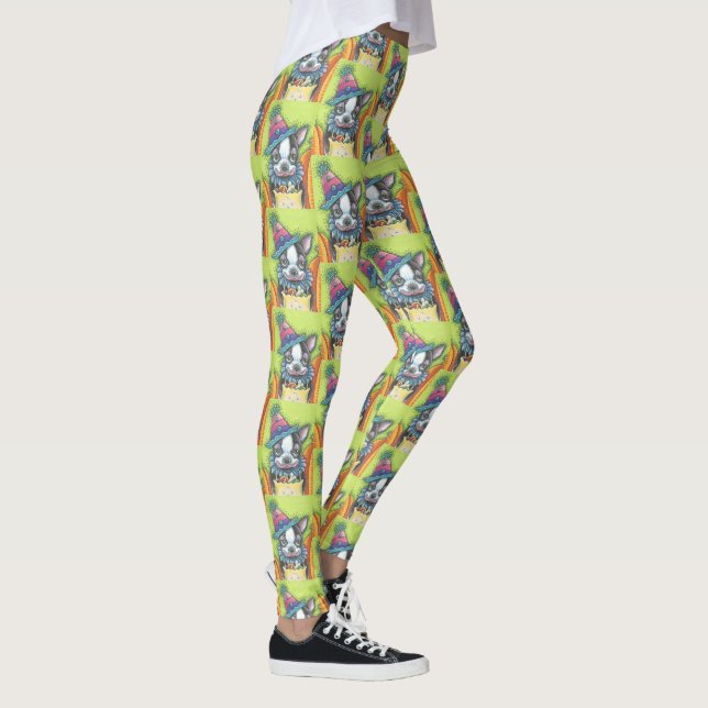 BOSTON TERRIER PUP, TRICK OR TREAT CLOWN LEGGINGS (Right)