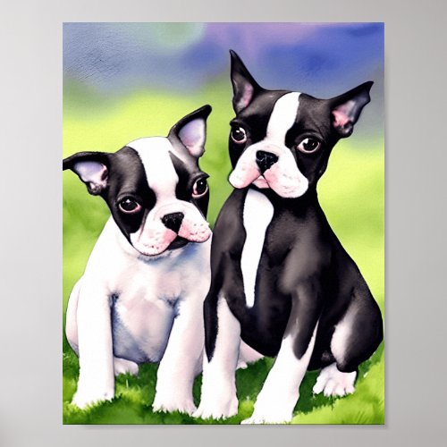 Boston Terrier Puppies Watercolor Art Print