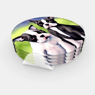 Boston Terrier Puppies Watercolor Coaster Set