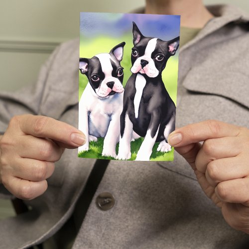 Boston Terrier Puppies Watercolor Greeting Card