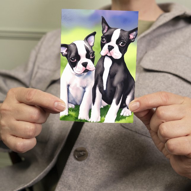 Boston Terrier Puppies Watercolor Greeting Card (Creator Uploaded)