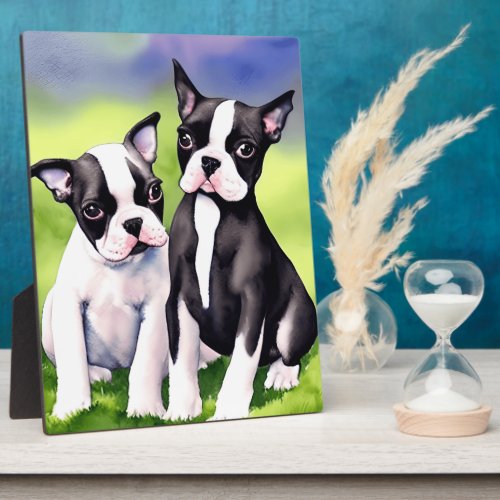 Boston Terrier Puppies Watercolor Tabletop Plaque