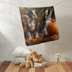Boston Terrier Puppy Autumn Delight Pumpkin Baby Blanket