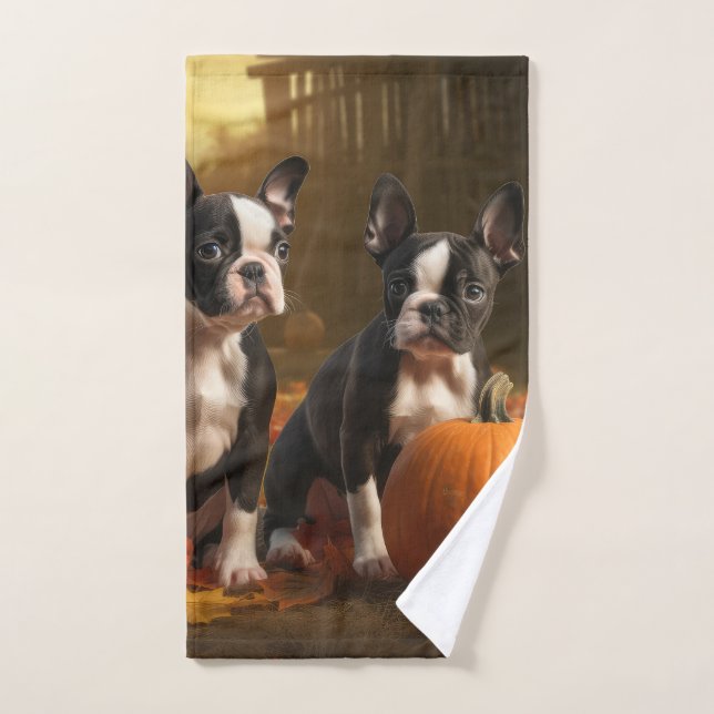 Boston Terrier Puppy Autumn Delight Pumpkin Bath Towel Set (Hand Towel)