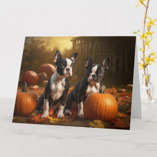Boston Terrier Puppy Autumn Delight Pumpkin Card (Yellow Flower)