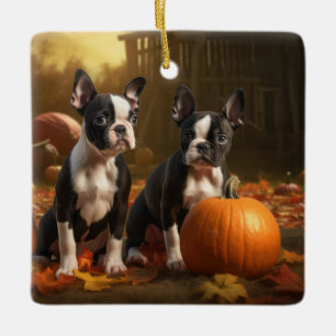 Boston Terrier Puppy Autumn Delight Pumpkin Ceramic Ornament