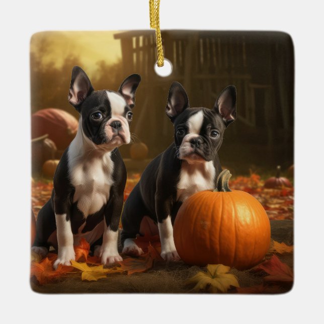 Boston Terrier Puppy Autumn Delight Pumpkin Ceramic Ornament (Front)