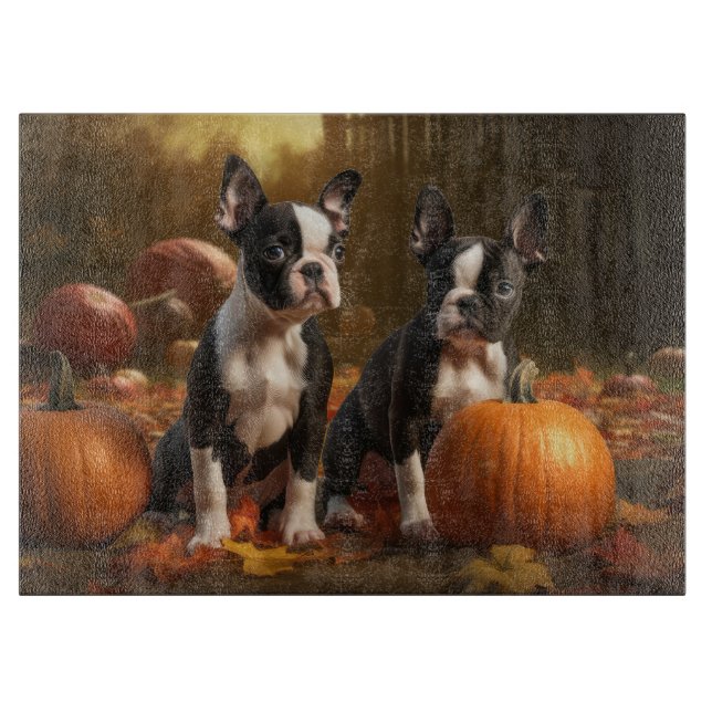 Boston Terrier Puppy Autumn Delight Pumpkin Cutting Board (Front)
