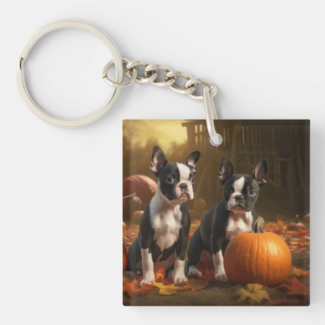 Boston Terrier Puppy Autumn Delight Pumpkin Keychain (Front)