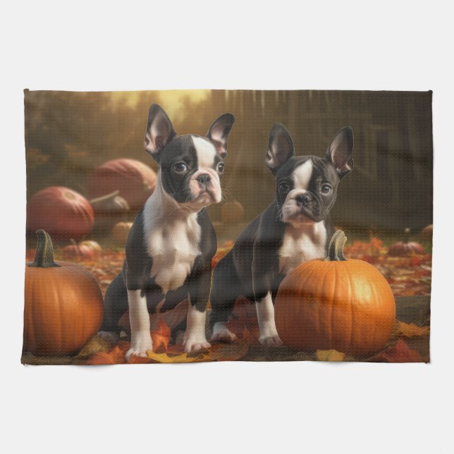 Boston Terrier Puppy Autumn Delight Pumpkin Kitchen Towel (Horizontal)